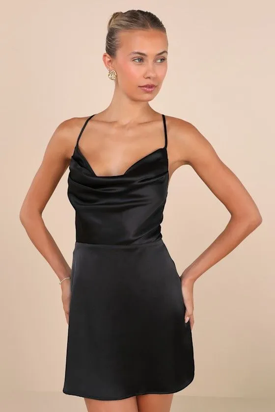 Luxe Reputation Black Satin Sleeveless Cowl Neck Mini Dress