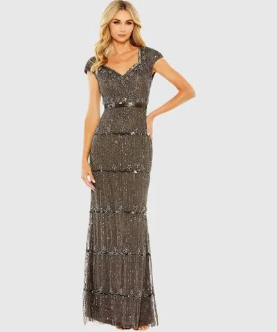 Mac Duggal Plus Size Brown Cap Sleeve Sweetheart Neckline Beaded Sequin Column Maxi Gown