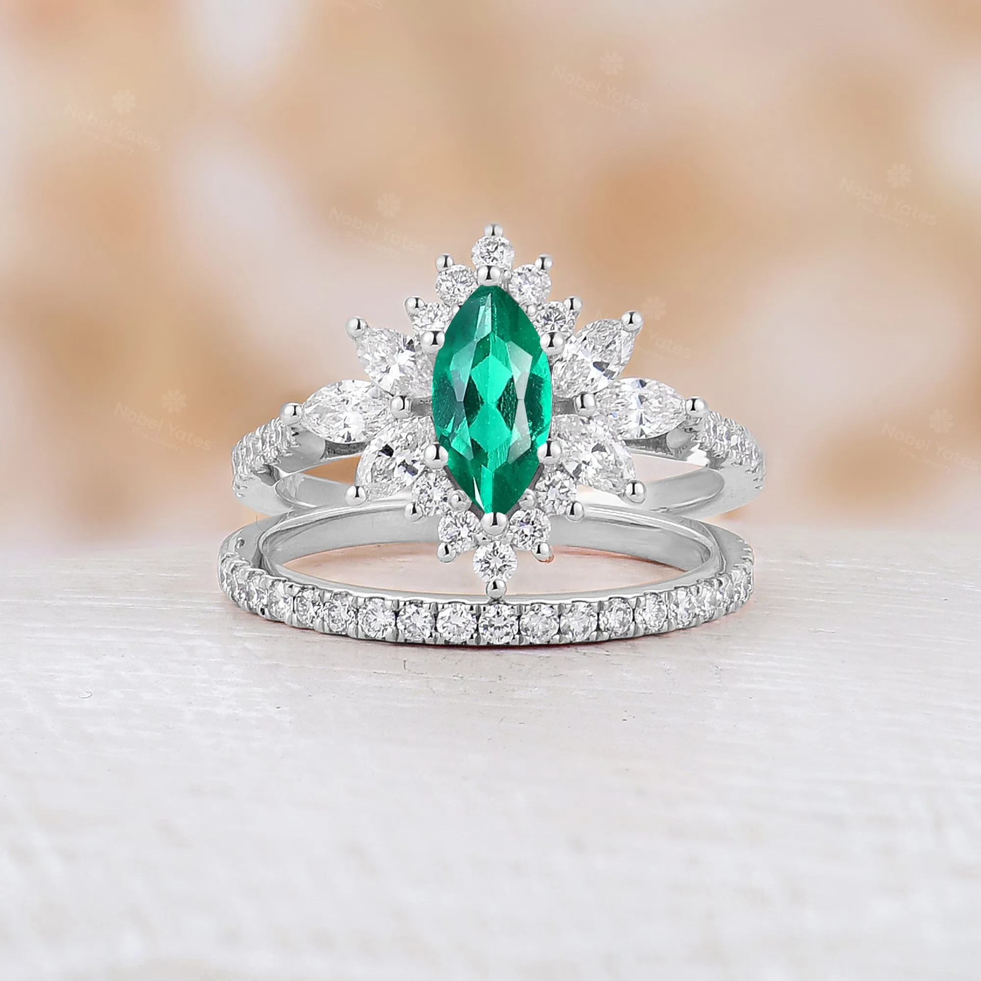 Marquise Cut Lab Emerald Moissanite Halo Bridal Set Straight Matching Band