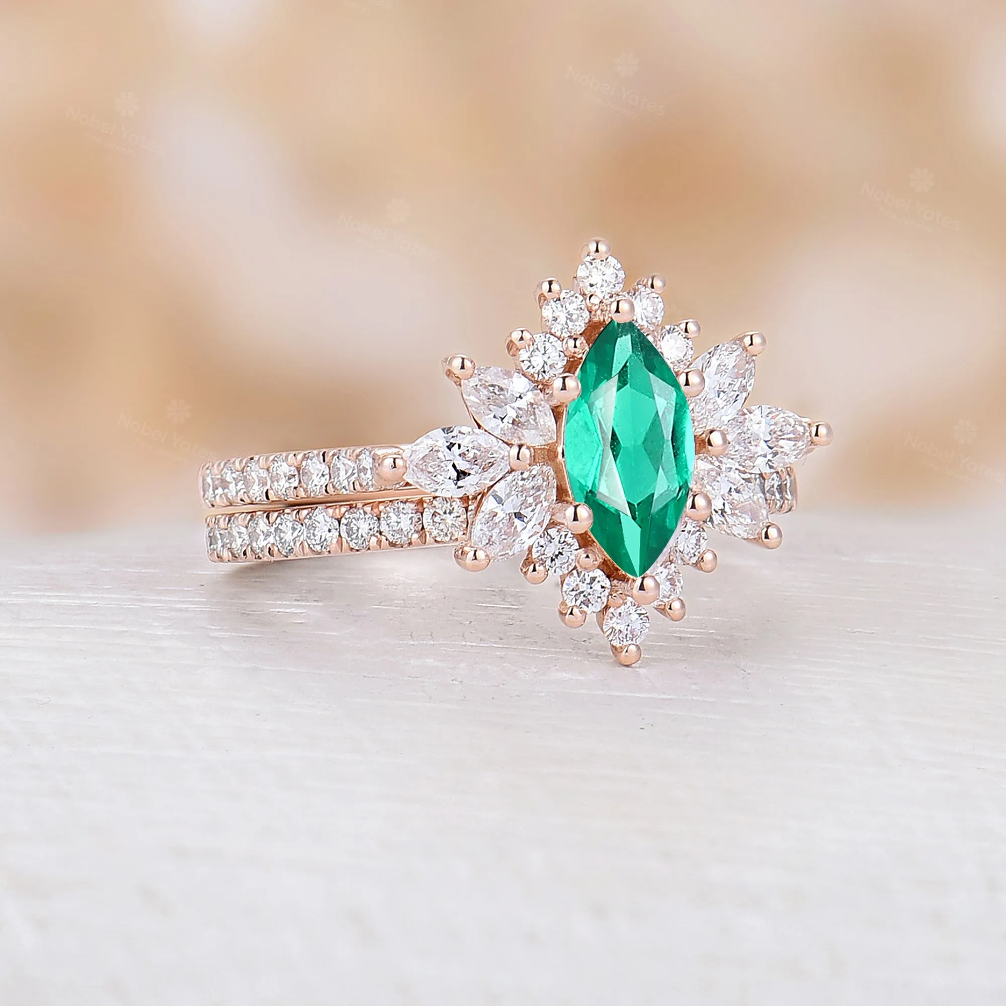 Marquise Cut Lab Emerald Moissanite Halo Bridal Set Straight Matching Band