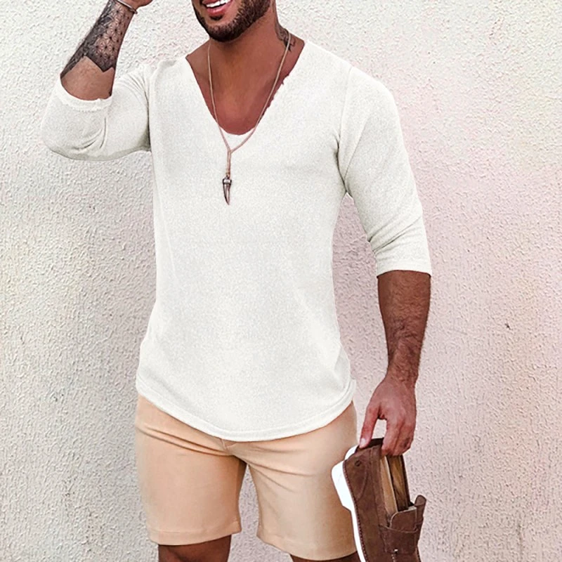 Men's Deep V Neck Breathable Linen Cotton Mid Sleeve T-Shirt