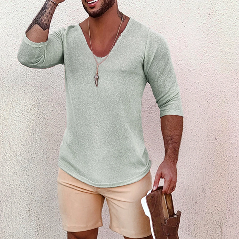 Men's Deep V Neck Breathable Linen Cotton Mid Sleeve T-Shirt