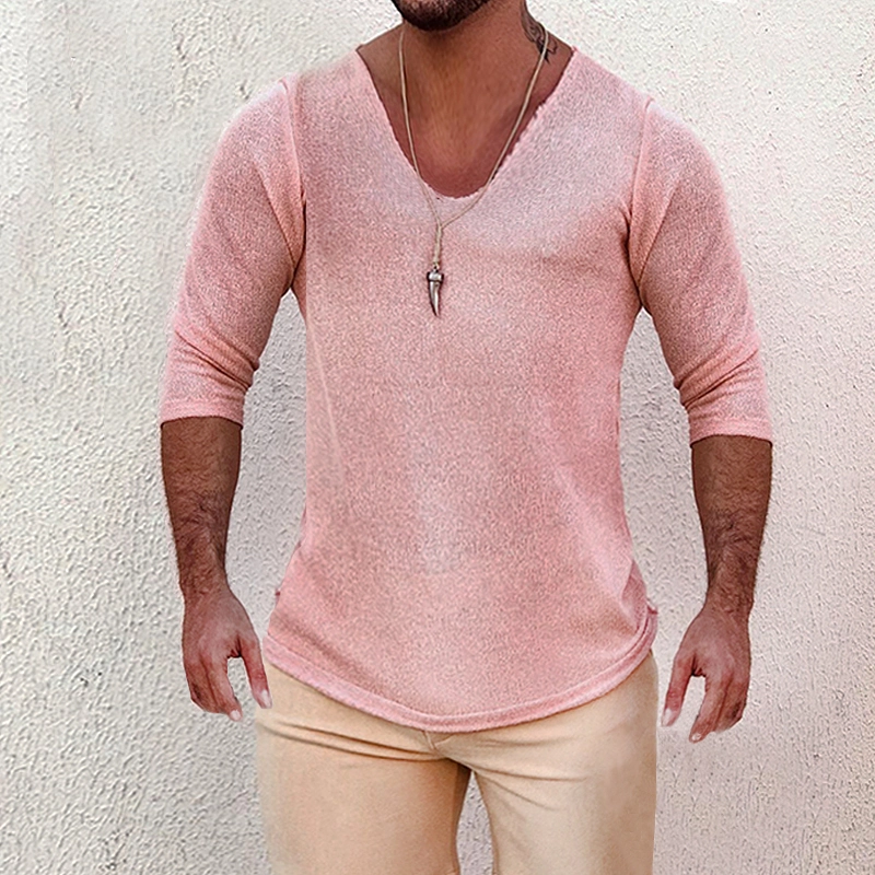 Men's Deep V Neck Breathable Linen Cotton Mid Sleeve T-Shirt