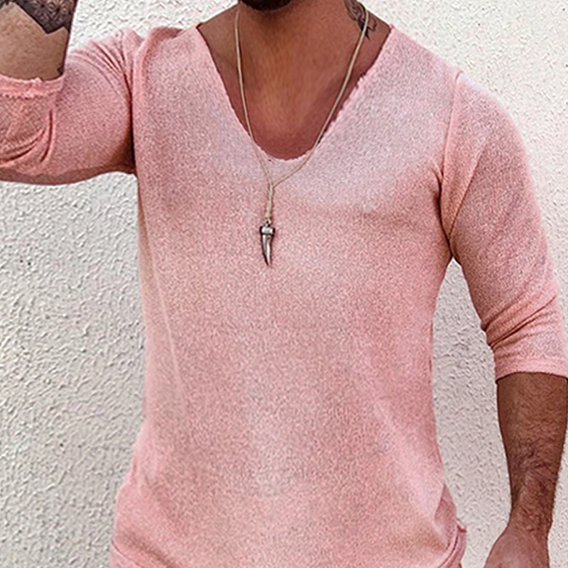 Men's Deep V Neck Breathable Linen Cotton Mid Sleeve T-Shirt