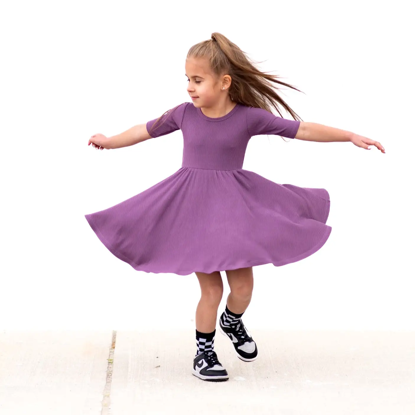 MID SLEEVE TWIRL DRESS- Plum Ribbed