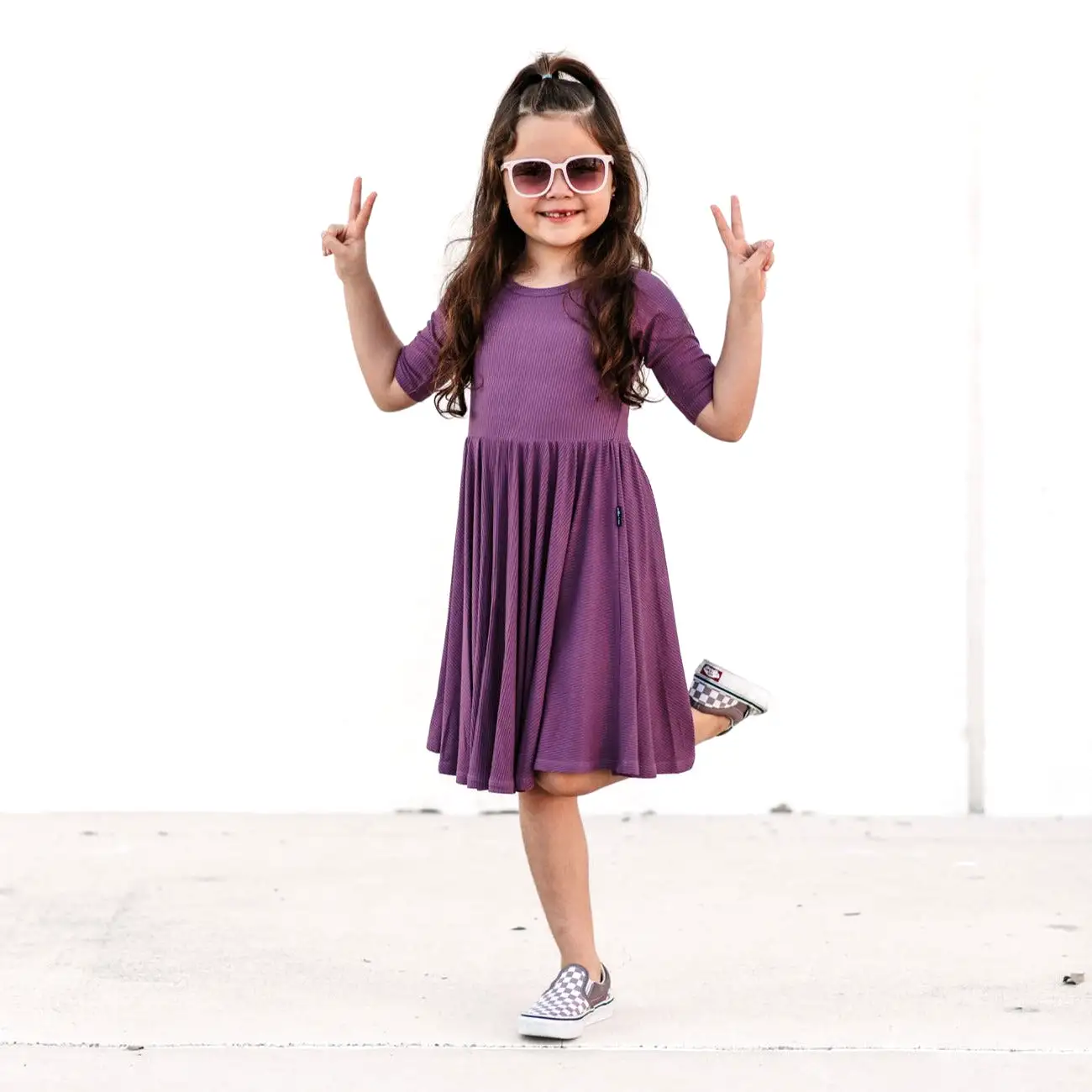 MID SLEEVE TWIRL DRESS- Plum Ribbed