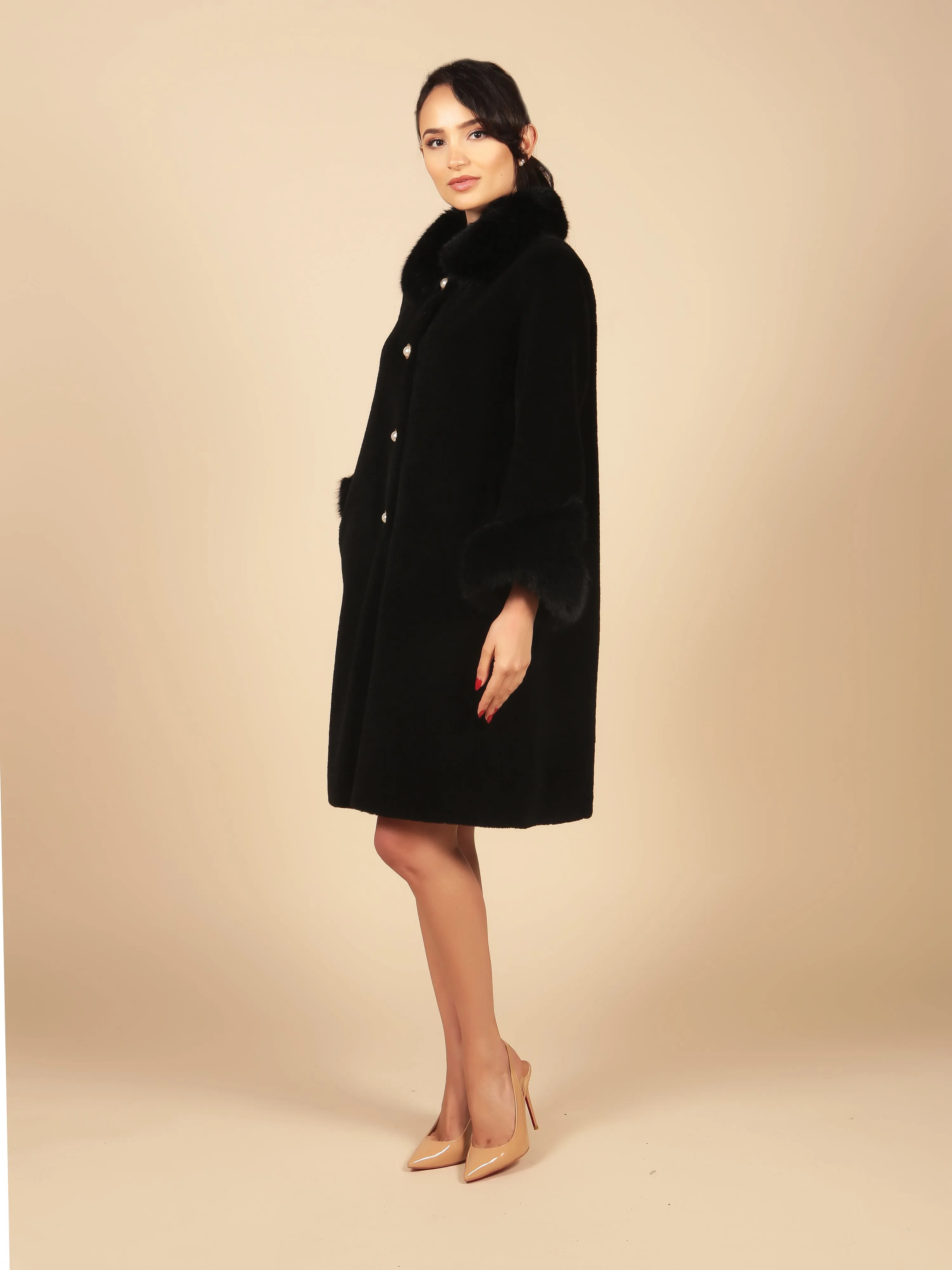 'Monroe' Wool and Faux Fur Teddy Coat in Nero