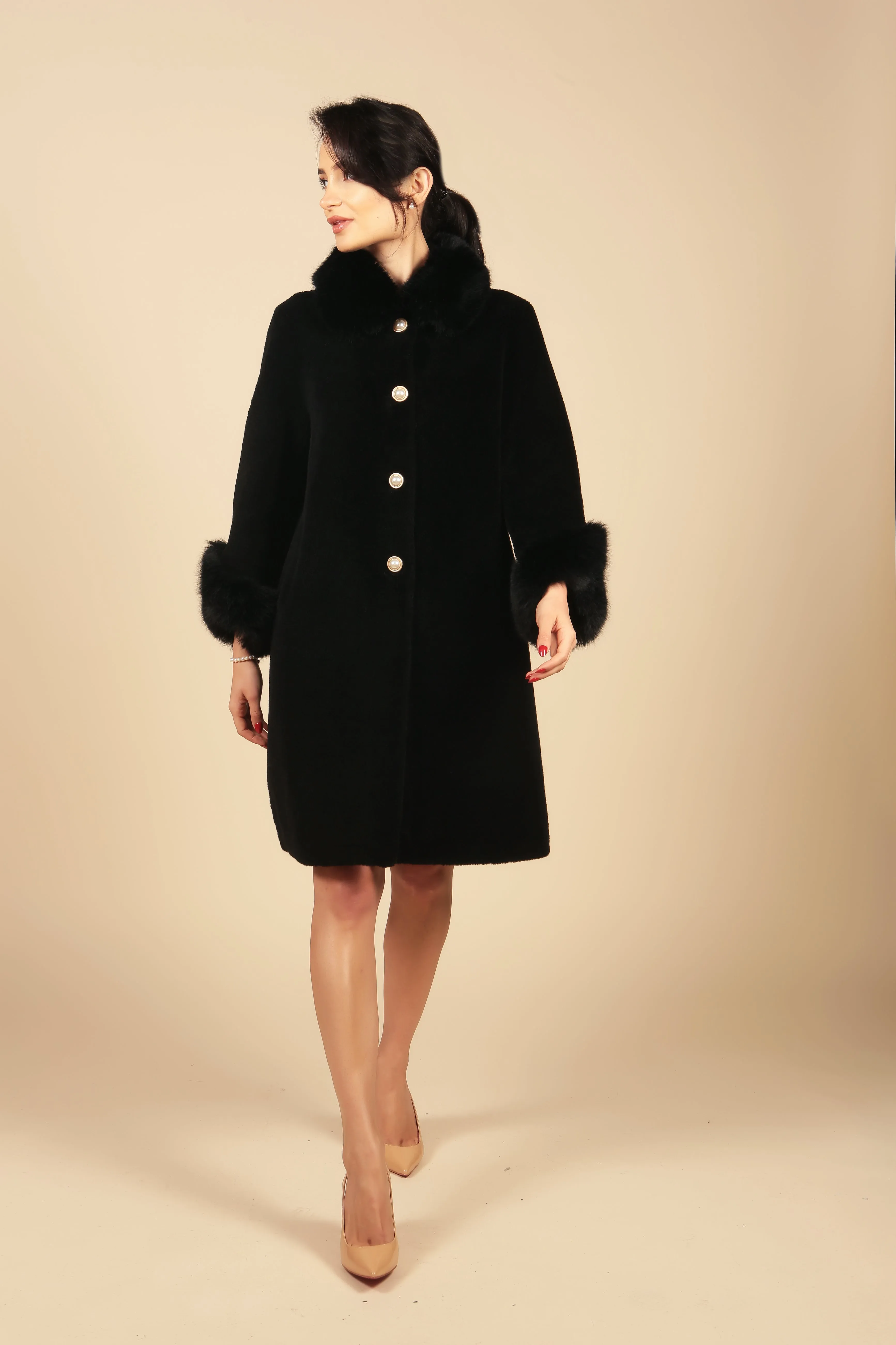 'Monroe' Wool and Faux Fur Teddy Coat in Nero