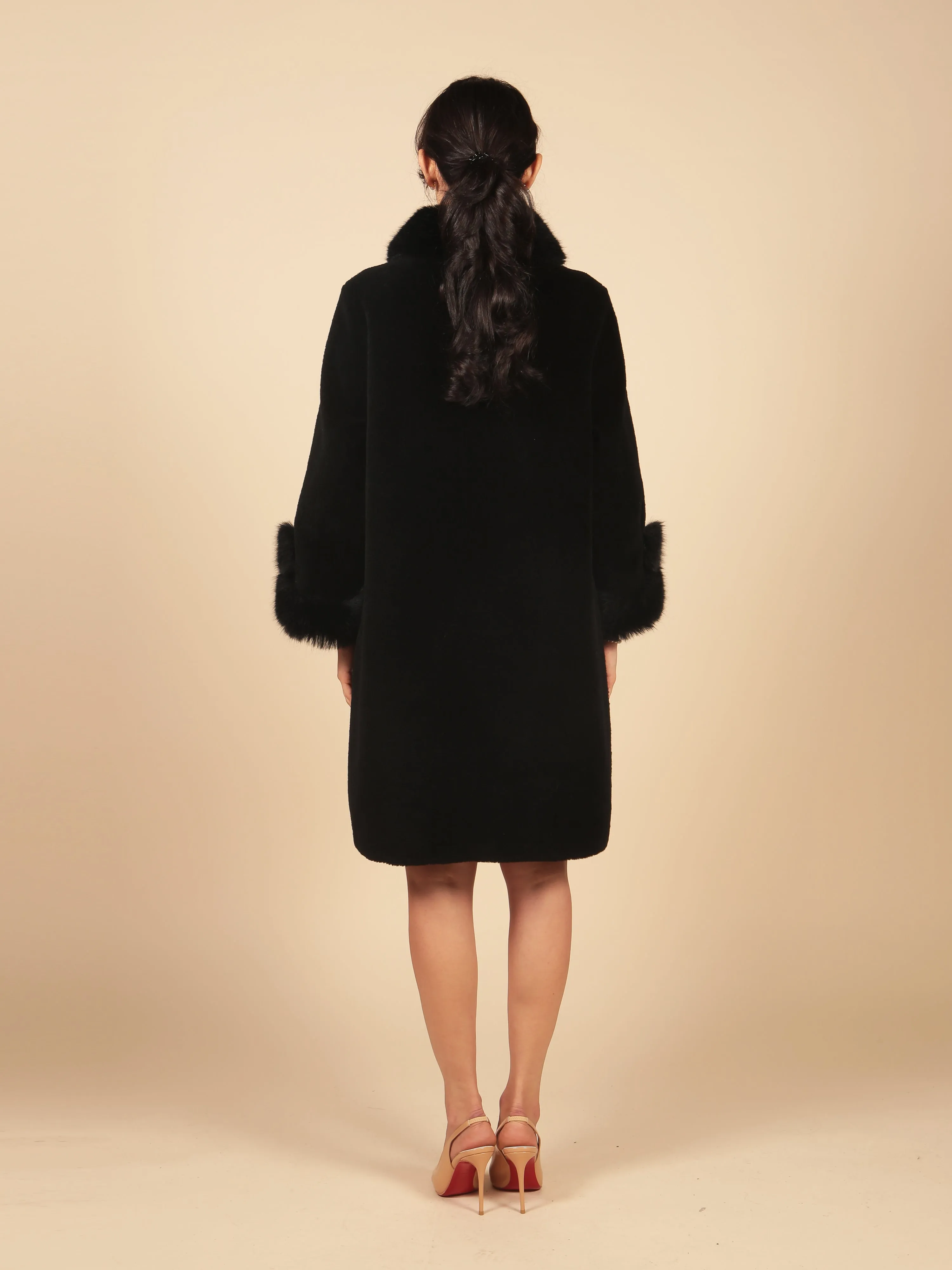 'Monroe' Wool and Faux Fur Teddy Coat in Nero