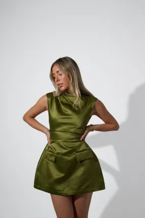 Odd Muse The Ultimate Satin Straight Neck Mini Dress - Olive