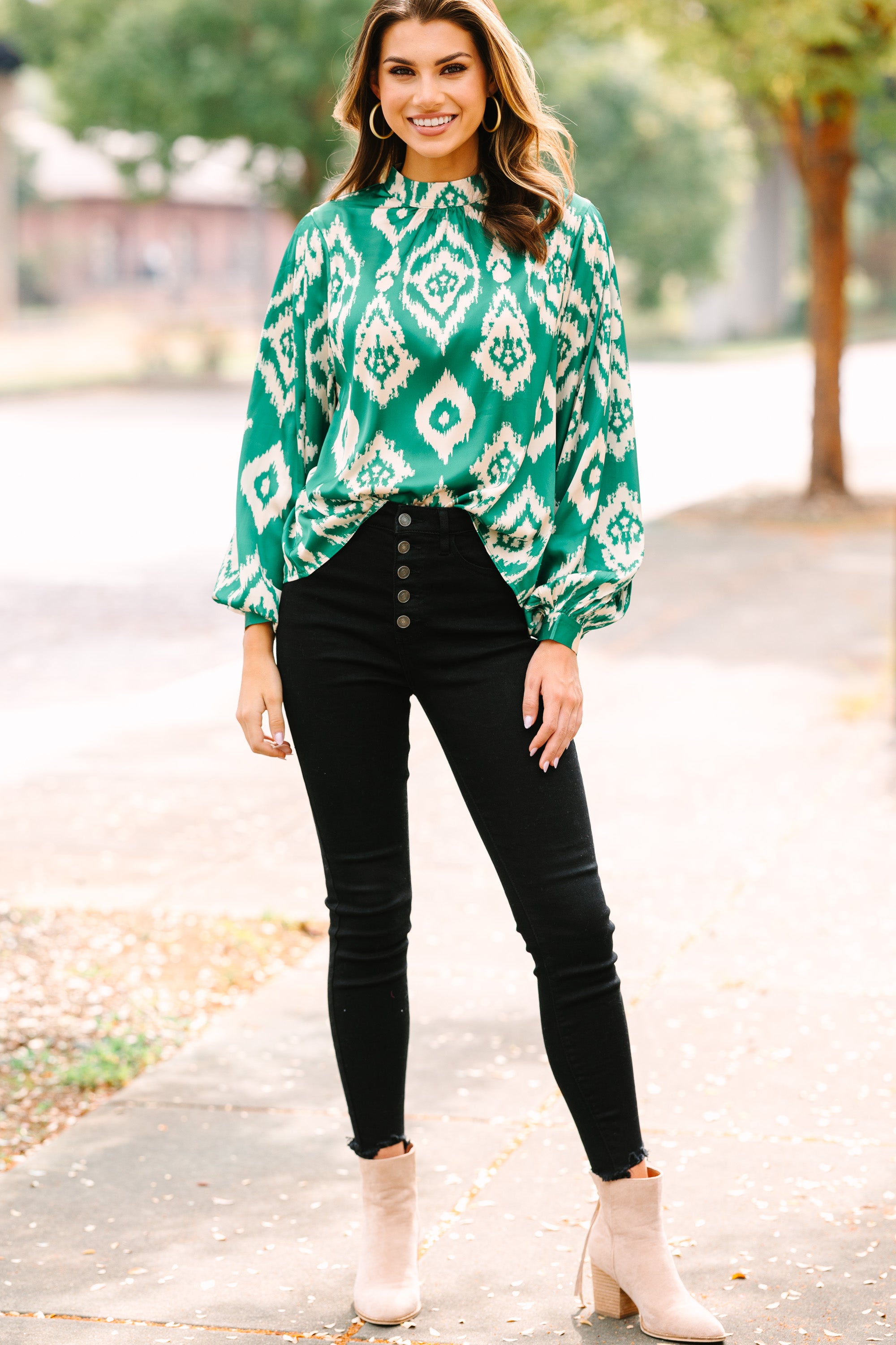 On My Mind Green Abstract Satin Blouse