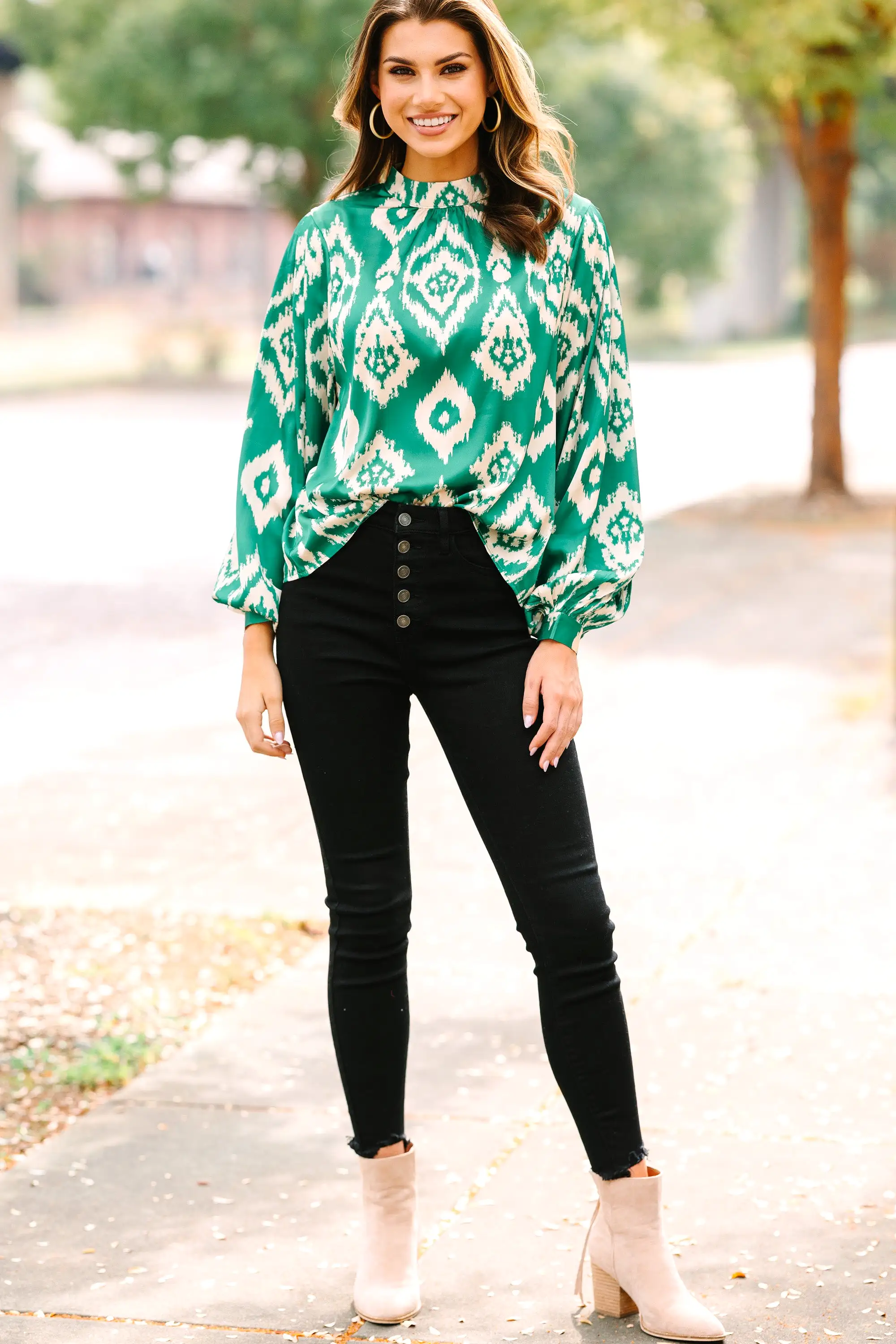 On My Mind Green Abstract Satin Blouse