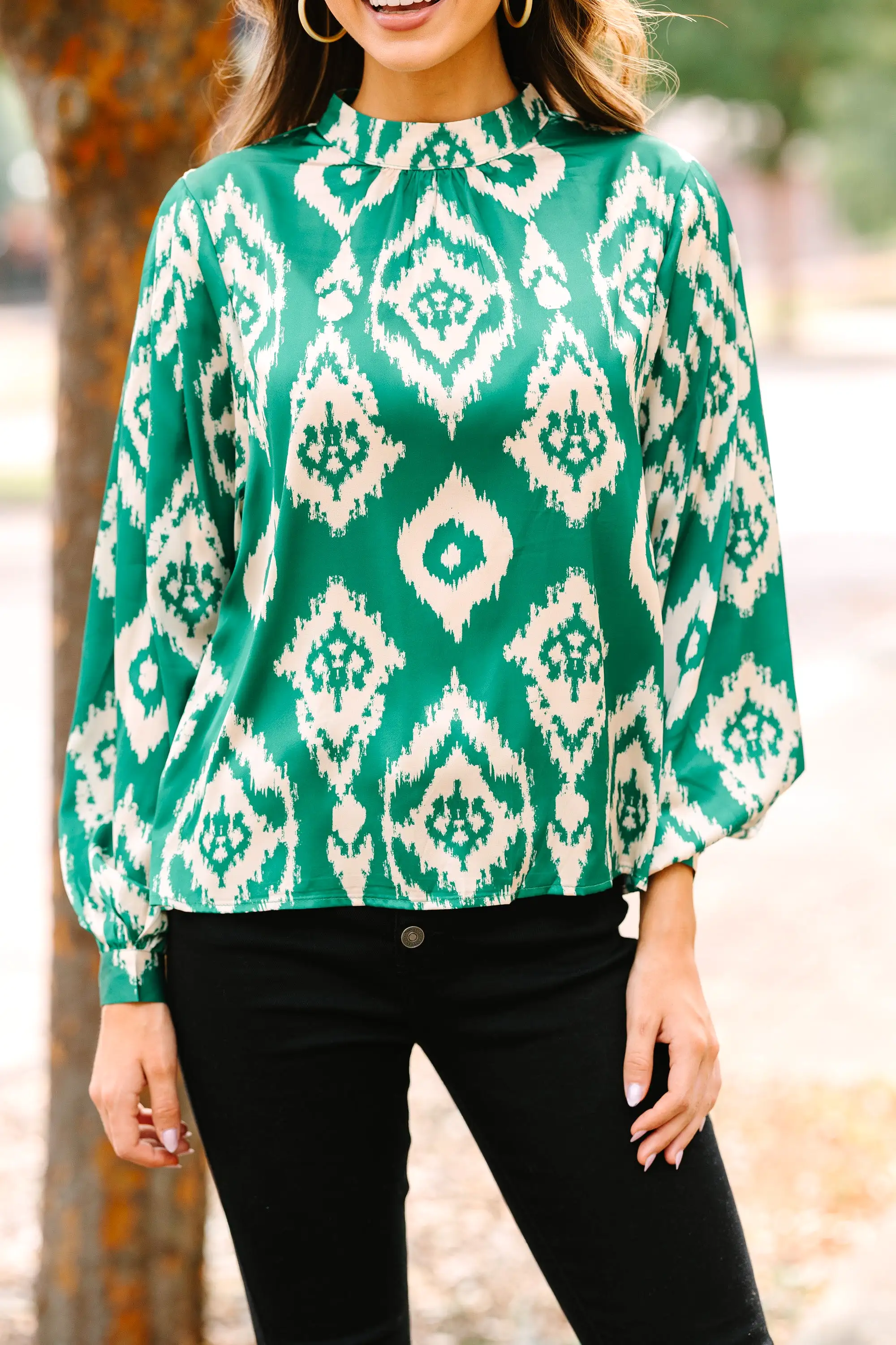 On My Mind Green Abstract Satin Blouse