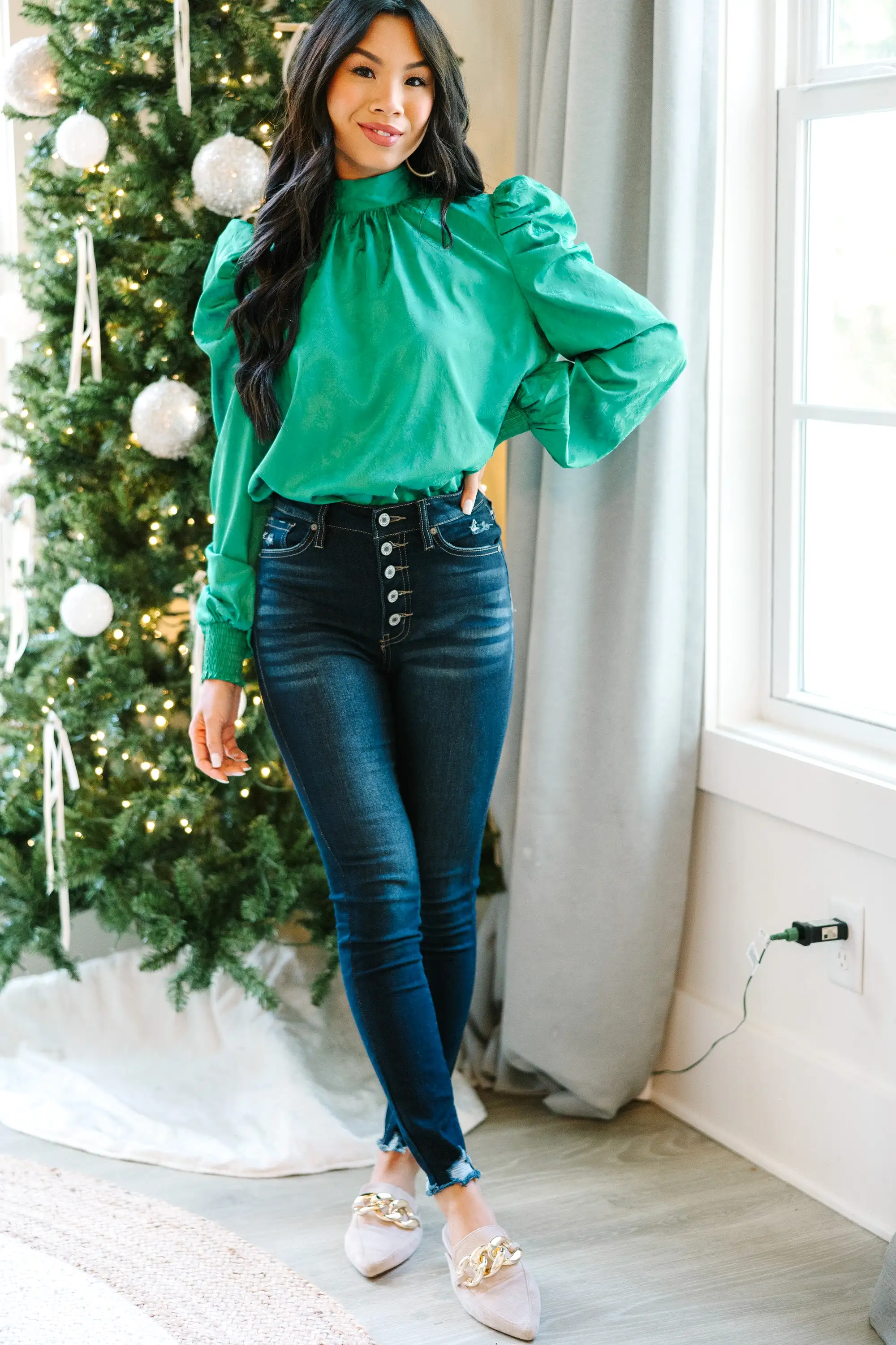 On The Move Green Satin Puff Sleeve Blouse