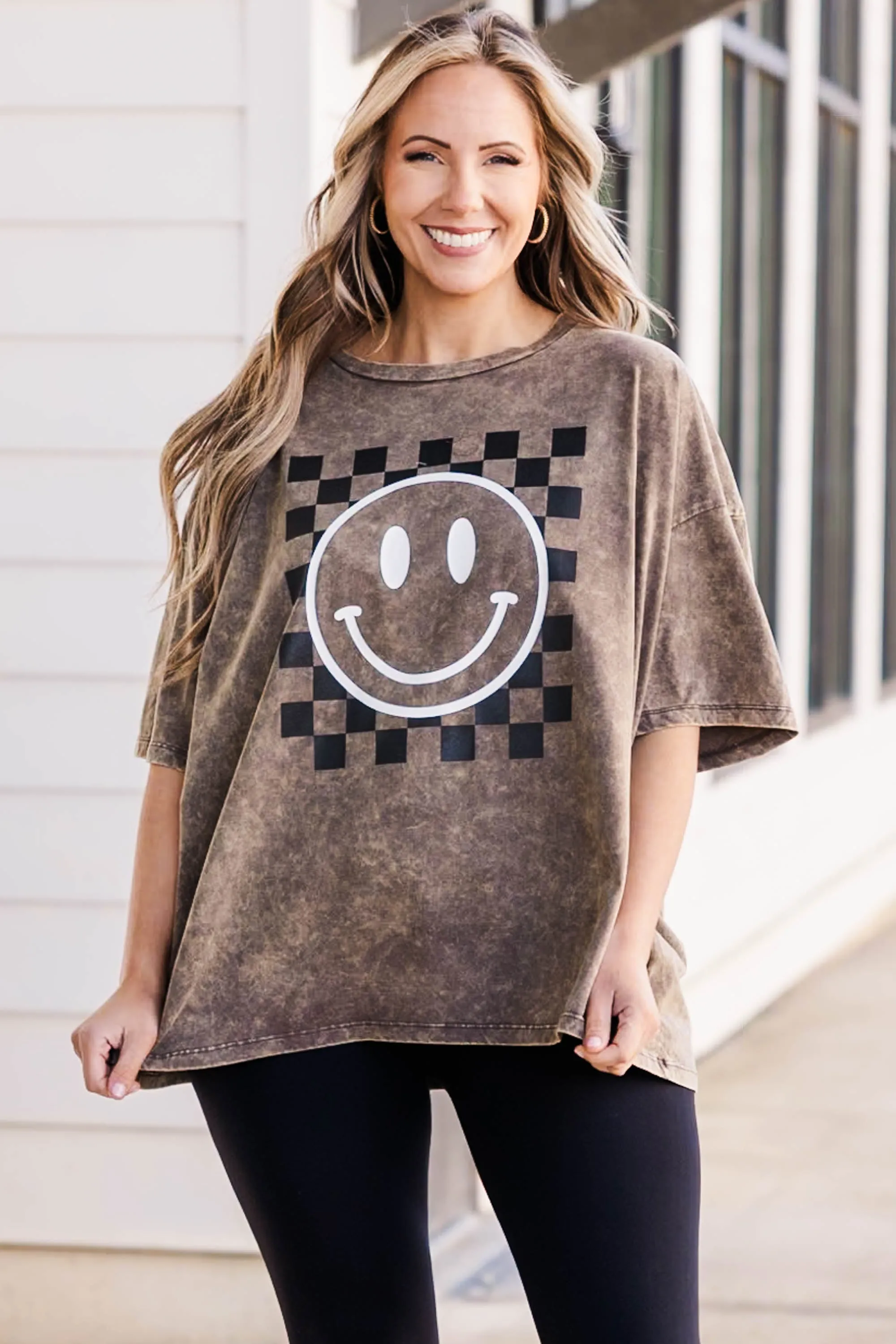 Only Smiles Acid Wash Boyfriend Tee, Rust Brown