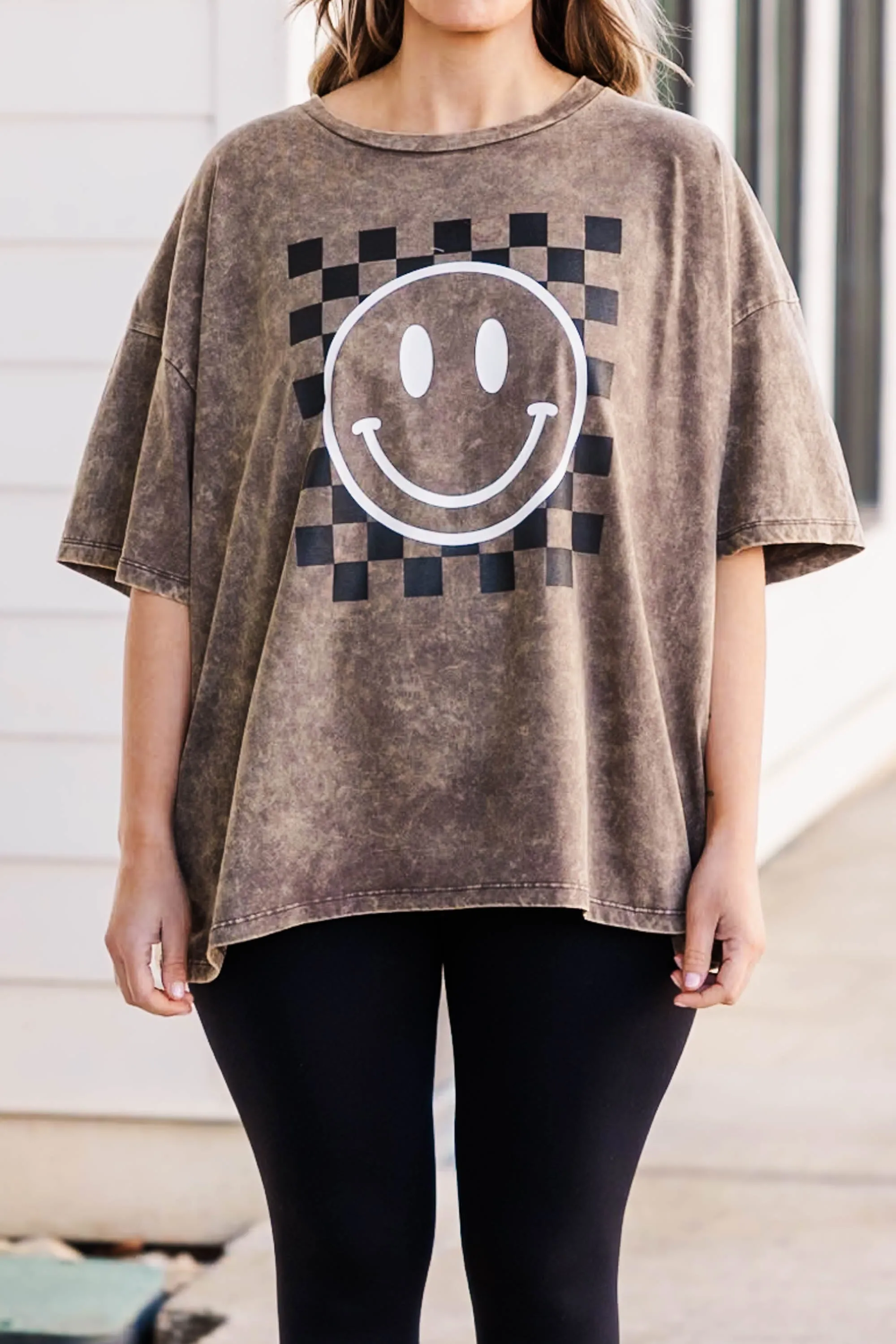 Only Smiles Acid Wash Boyfriend Tee, Rust Brown