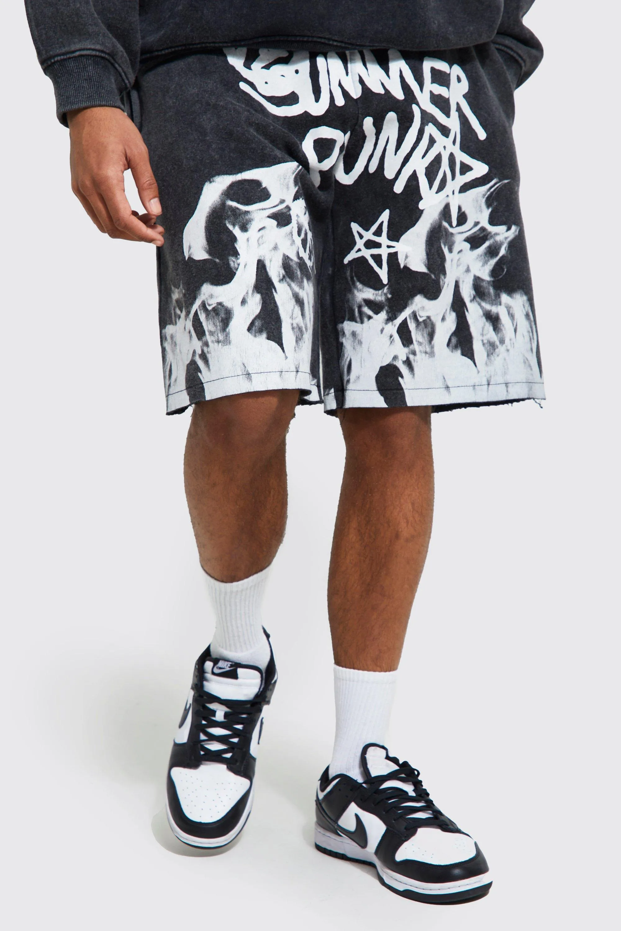 Oversized Graffiti Acid Wash Jersey Shorts