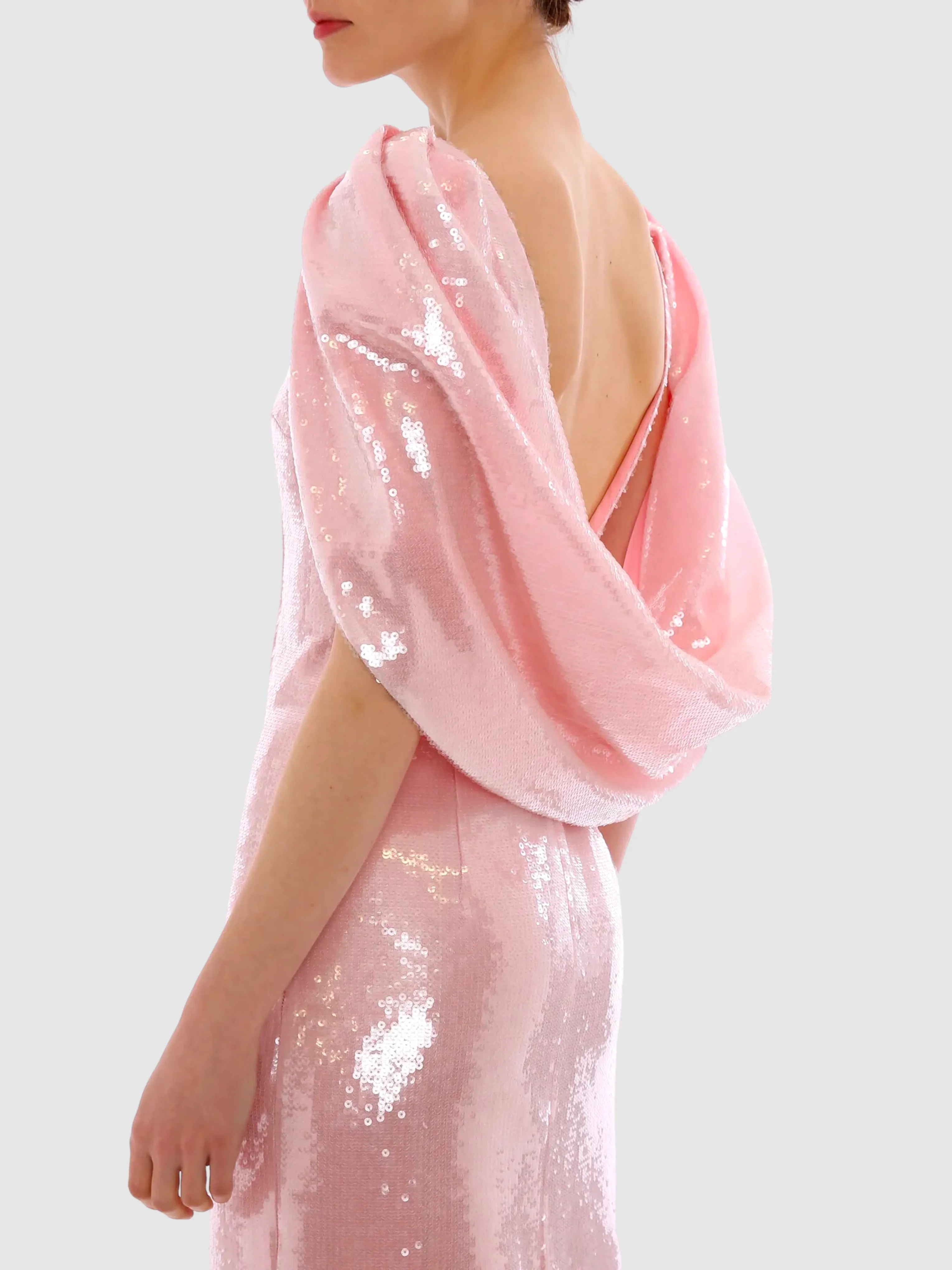 Pink Alba Crepe Shoulder Sequin Gown