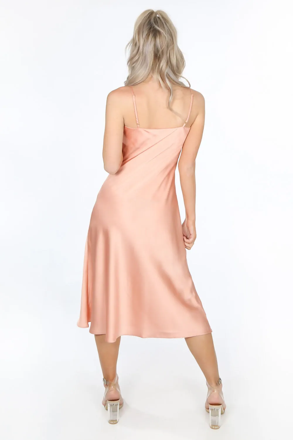 Pink Satin Cowl Neck Midi Dress