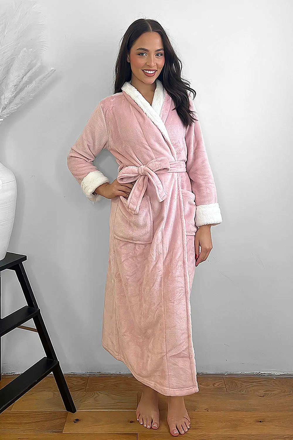 Pink White Lapel Super Soft House Gown