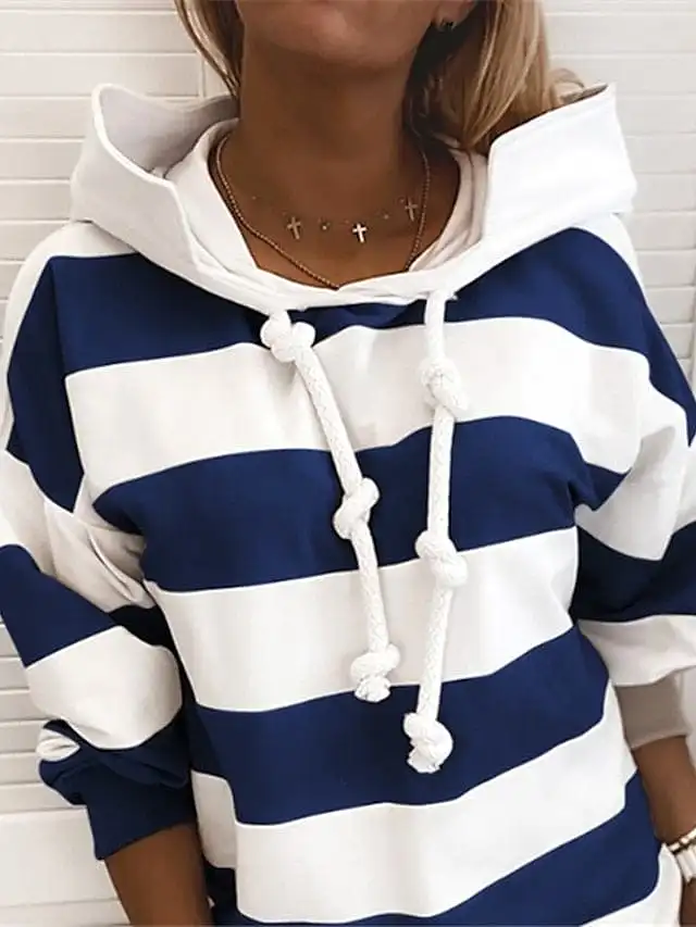 Plus-Size Women's Striped Hoodie Pullover with Drawstring and Hood