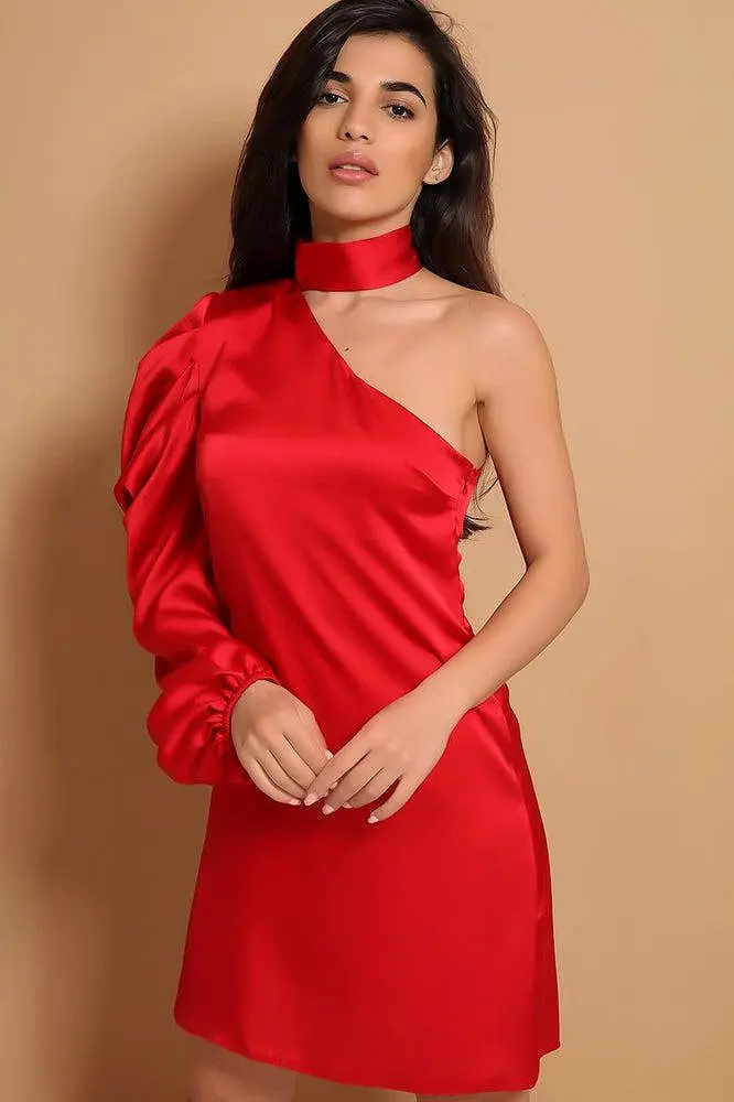 Red One Sleeve Chocker Neck Satin Dress