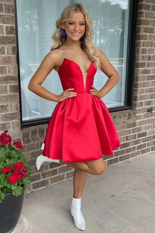 Red Satin Plunge-V neck Homecoming Dress