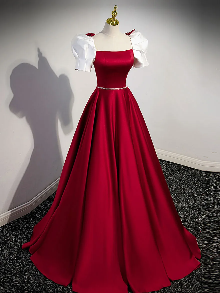 Red Satin Square Neck Prom Dress with White Short Sleeves