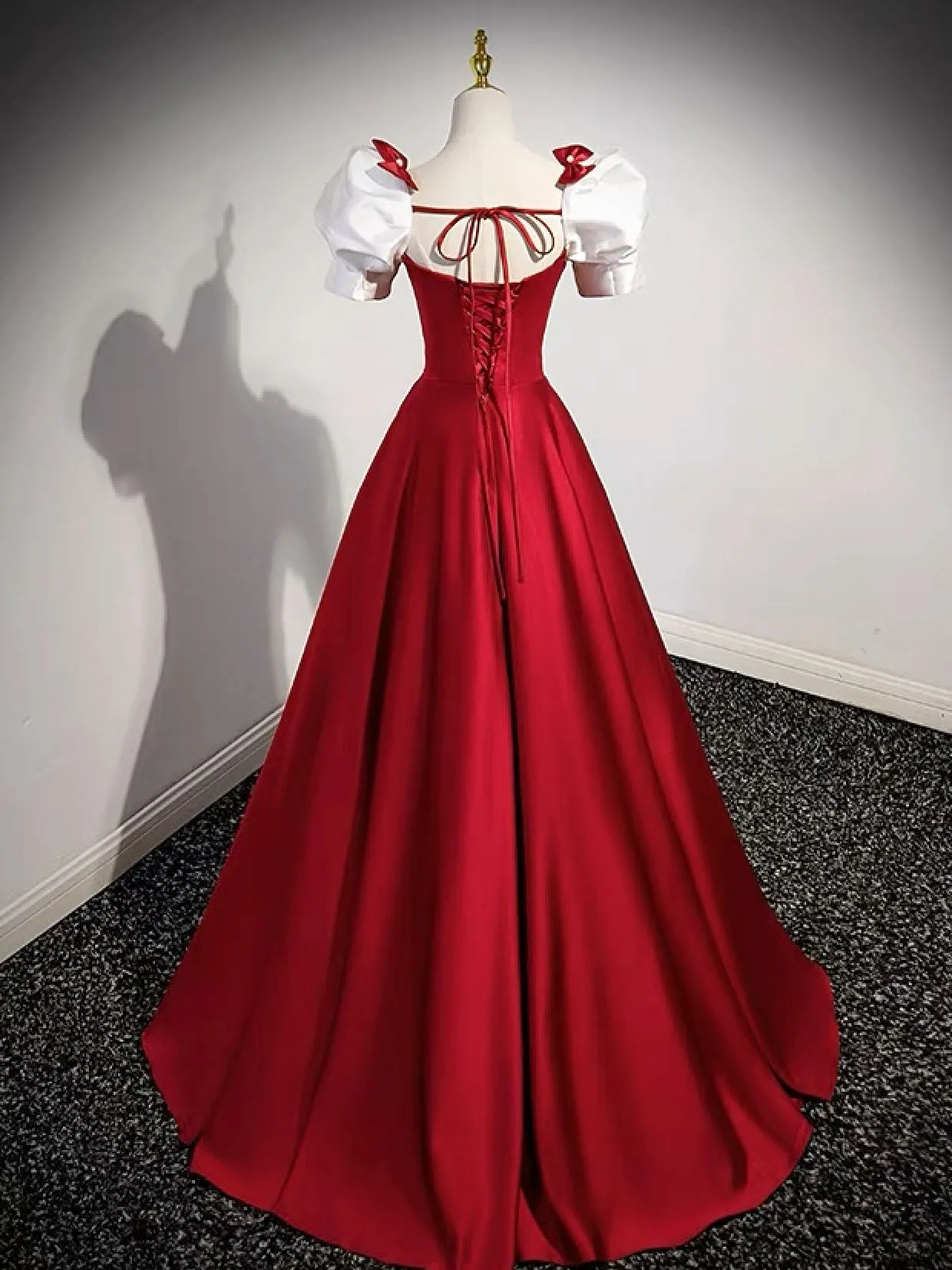 Red Satin Square Neck Prom Dress with White Short Sleeves