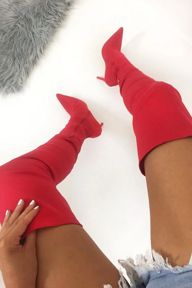 Red Stretch Thigh High Boots - Mialynn