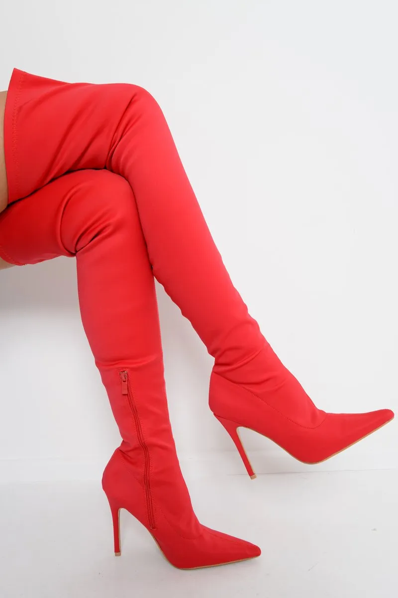 Red Stretch Thigh High Boots - Mialynn