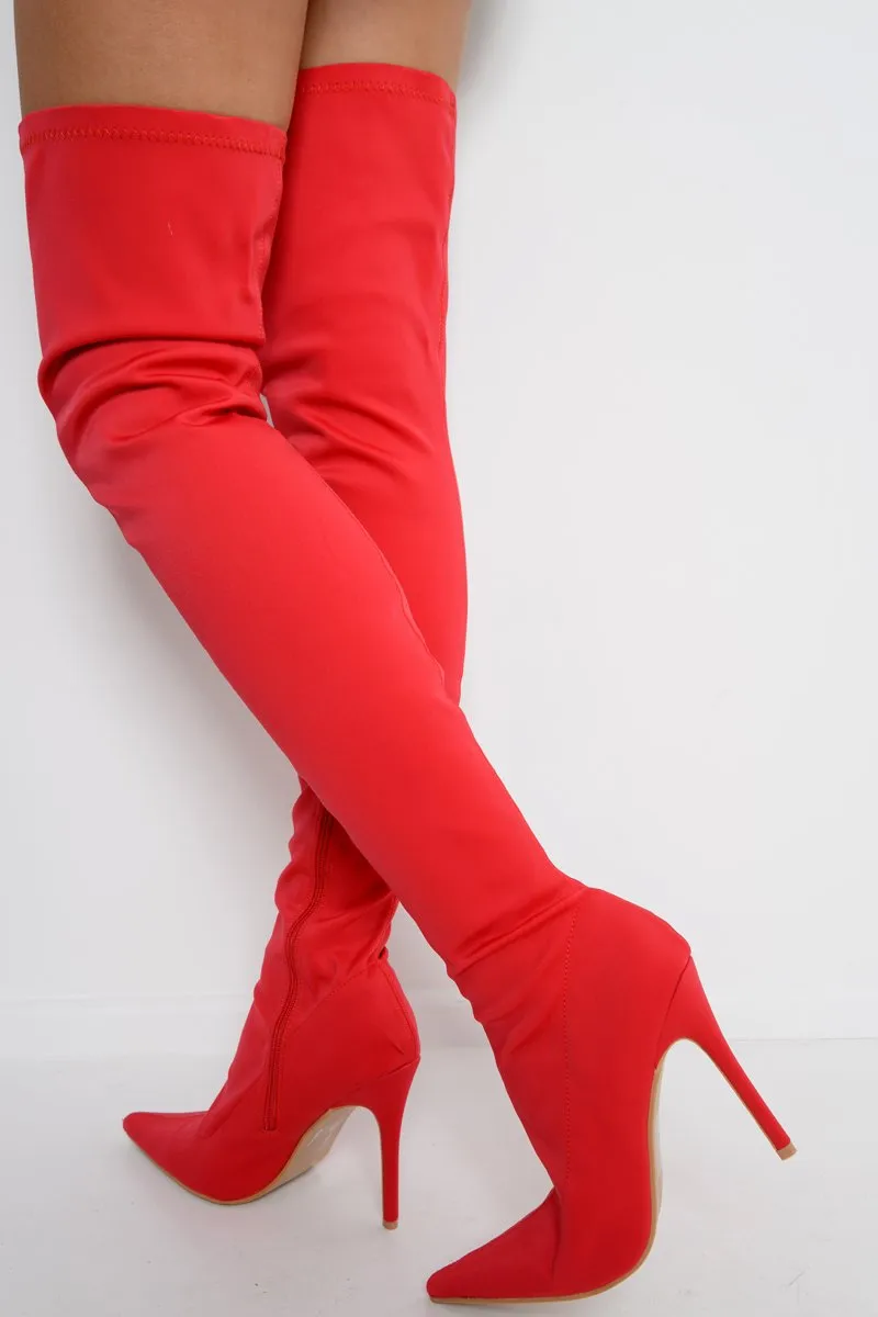 Red Stretch Thigh High Boots - Mialynn