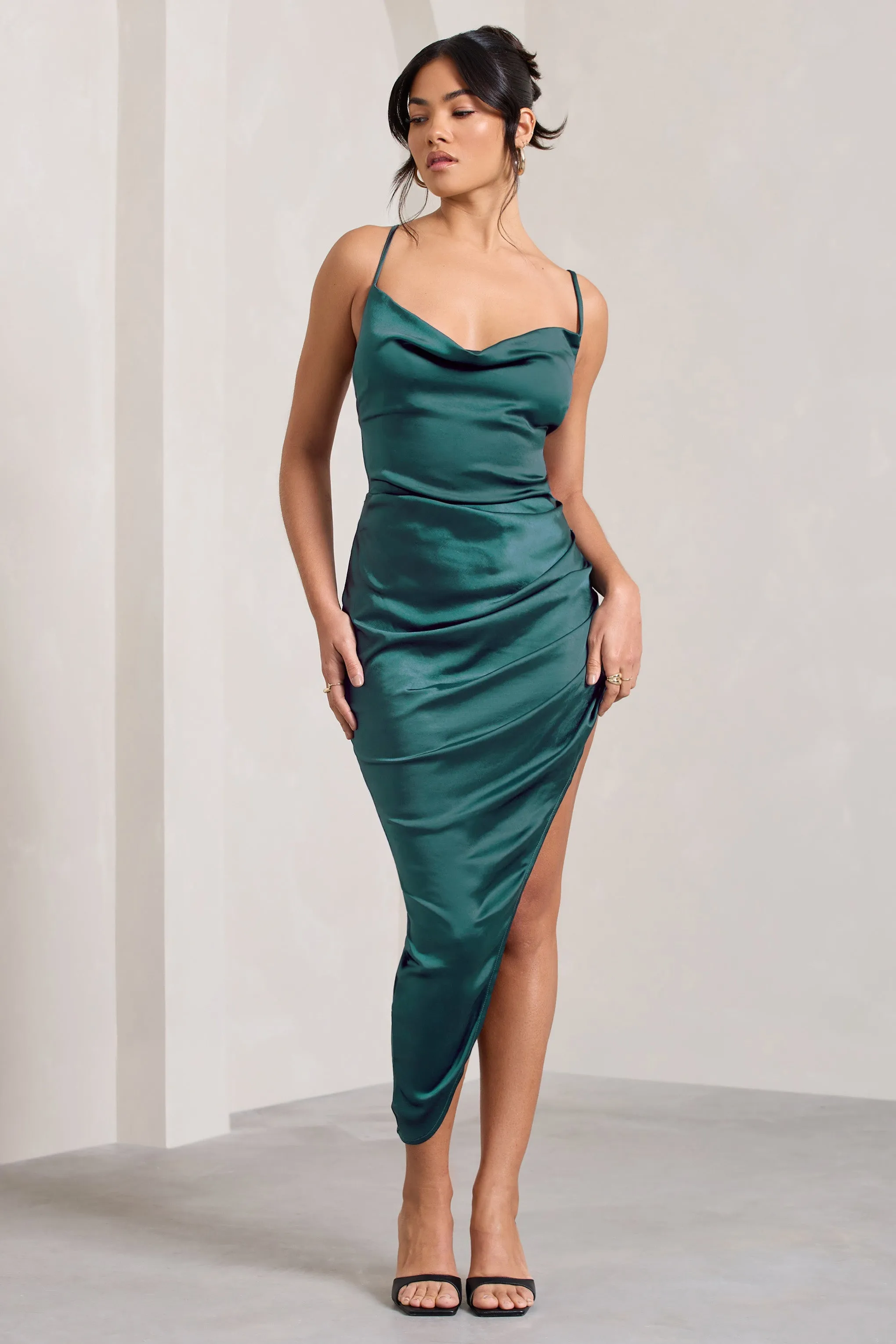 Risk It All | Teal Blue Satin Cami Cowl Neck Asymmetric Hem Midi Dress