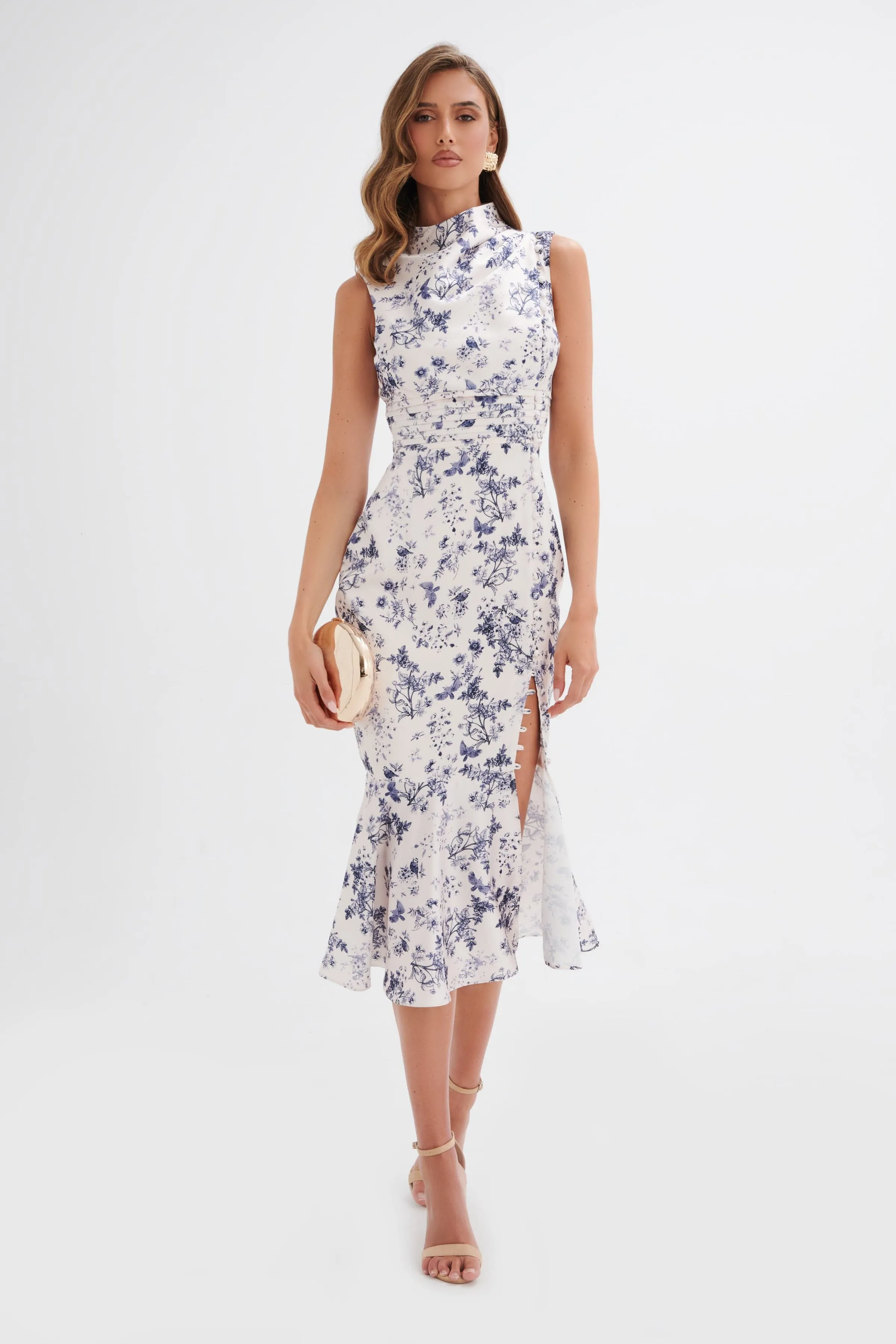 SAFFRON High Neck Satin Midi Dress in Navy Porcelain Print