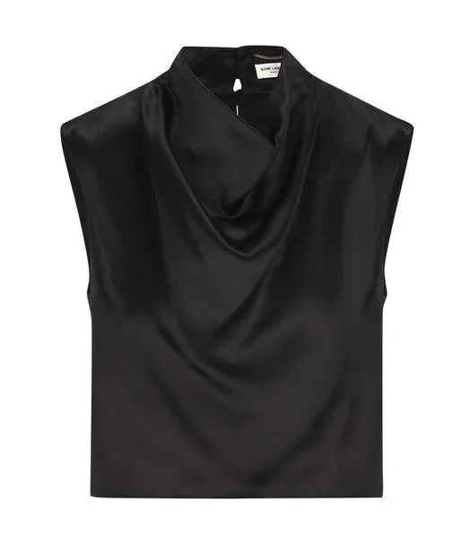 SAINT LAURENT Black Satin Short Top with Hooded Neck for Women