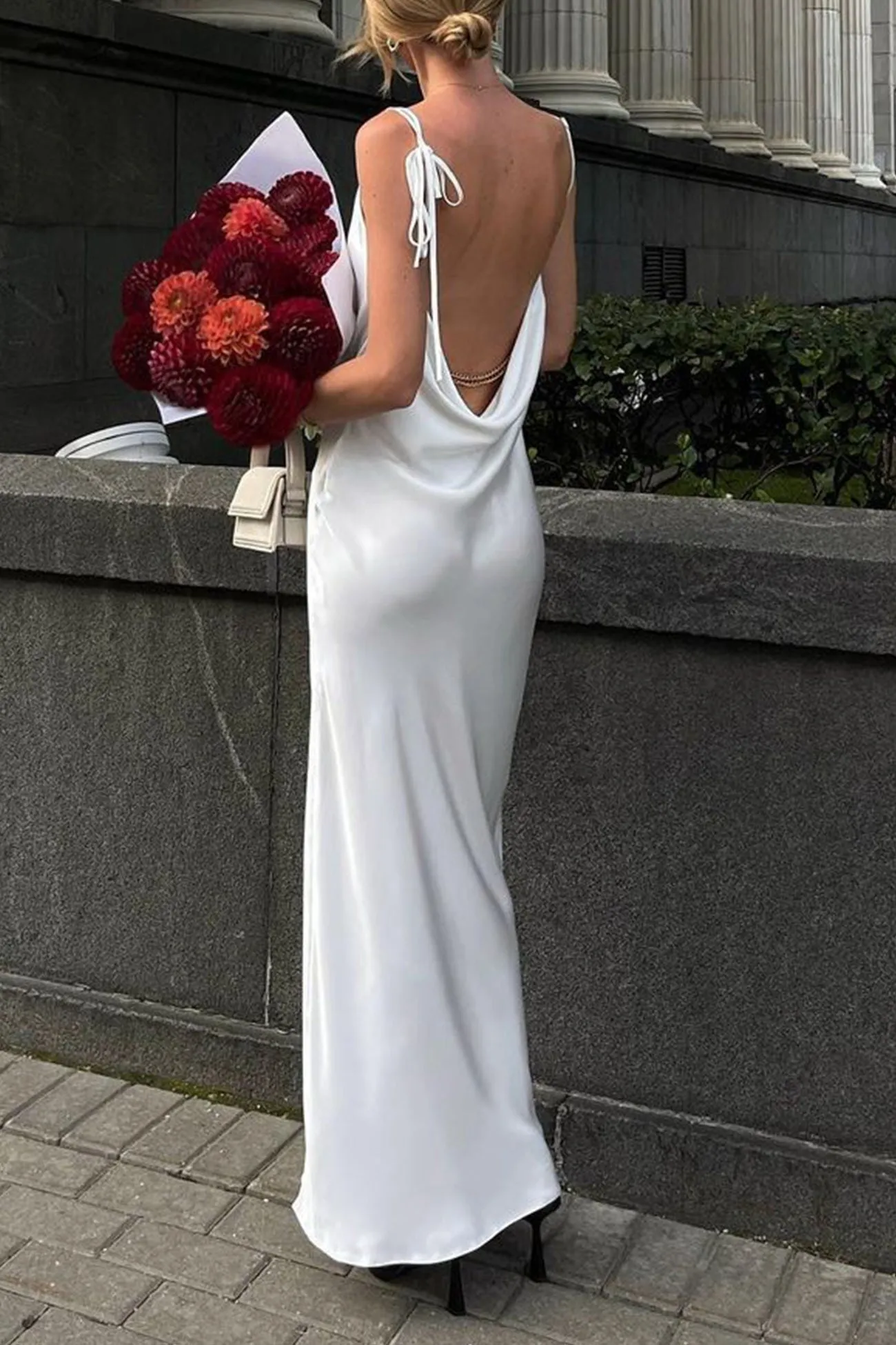 Satin Cowl Neck Tie-straps Slit Dress