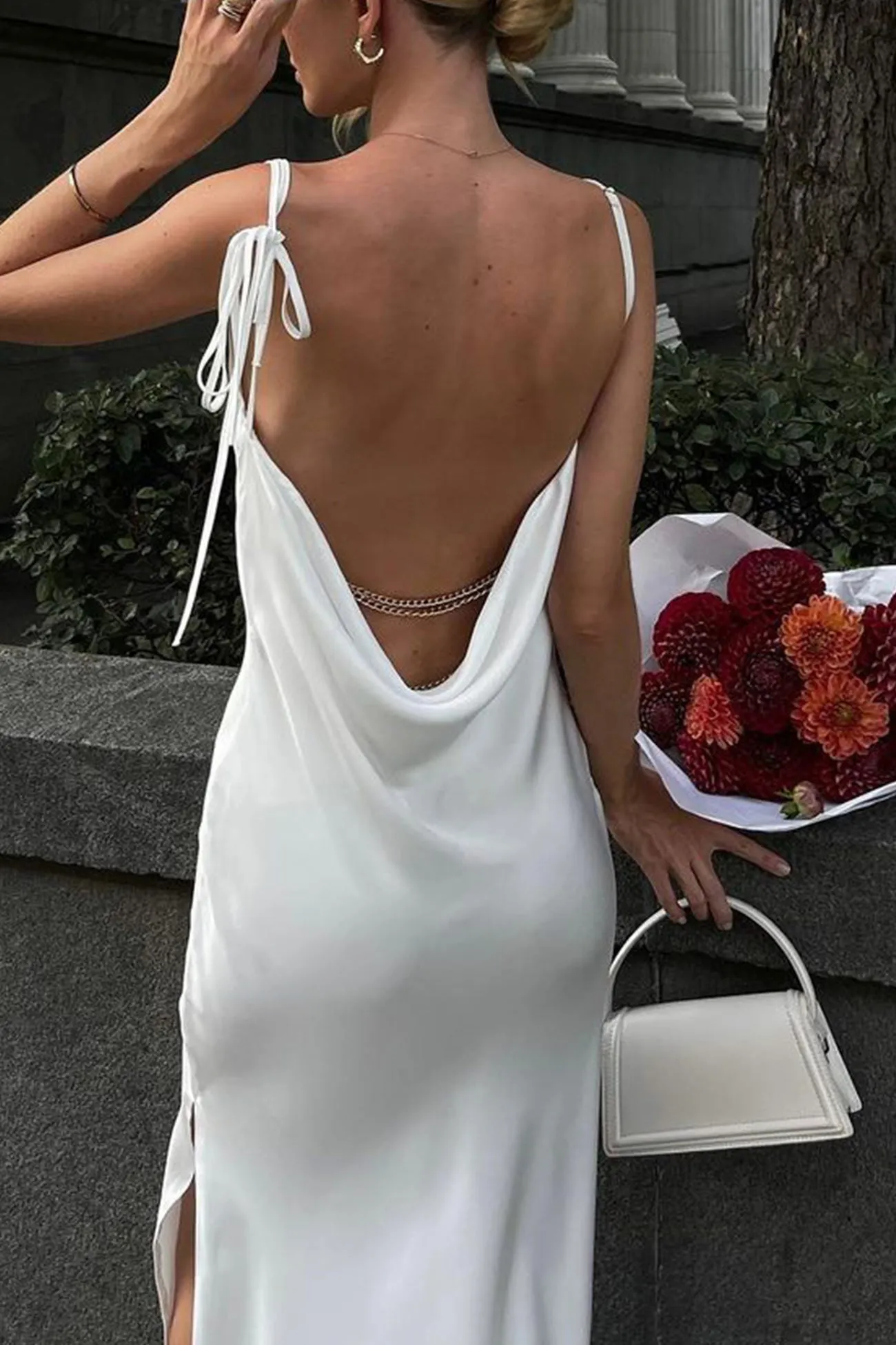 Satin Cowl Neck Tie-straps Slit Dress