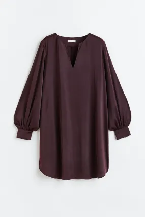 Satin dress - Round neck - Long sleeve - Burgundy - Ladies | H&M GB