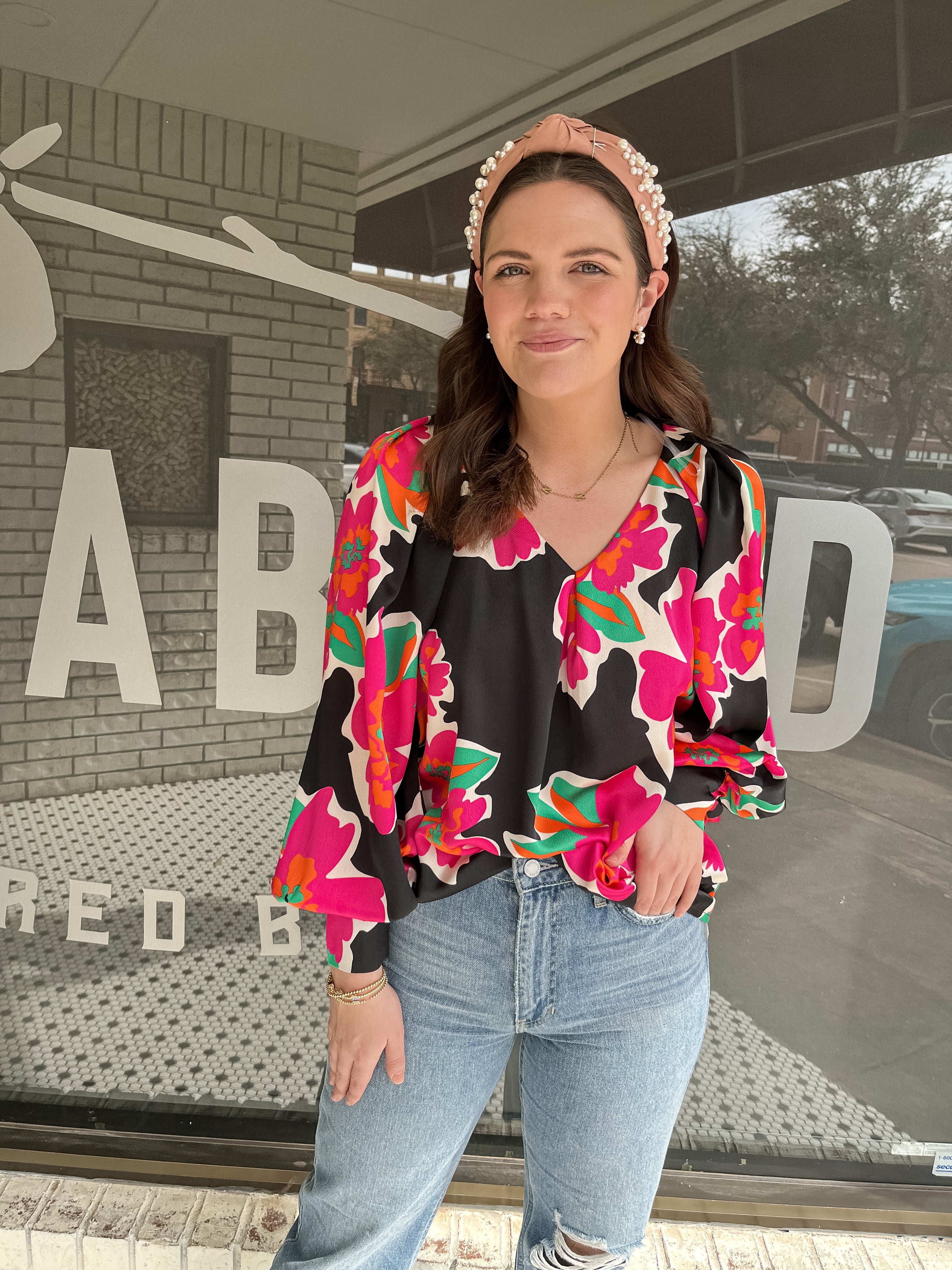 Satin Floral V-Neck Top - Black