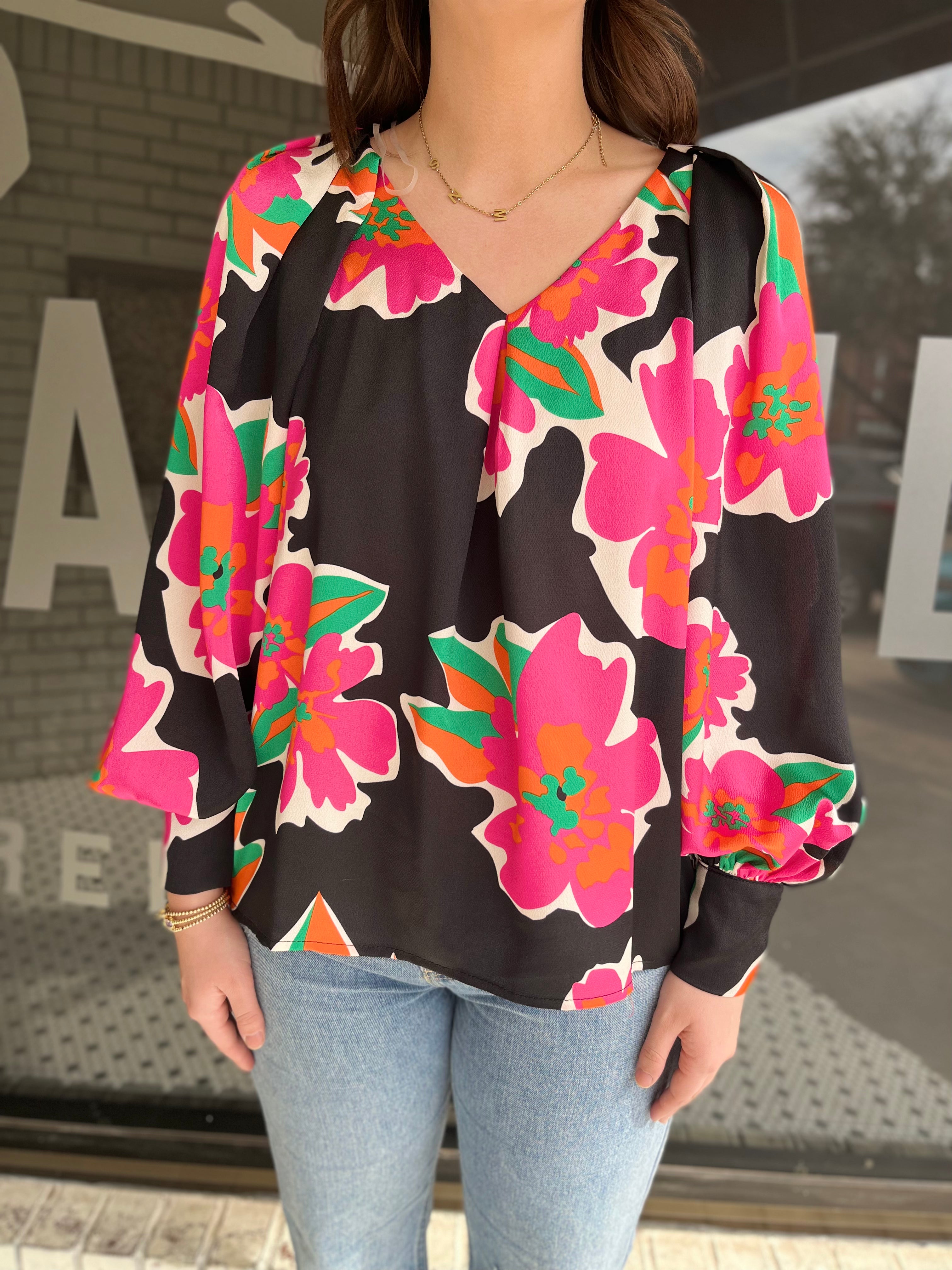 Satin Floral V-Neck Top - Black