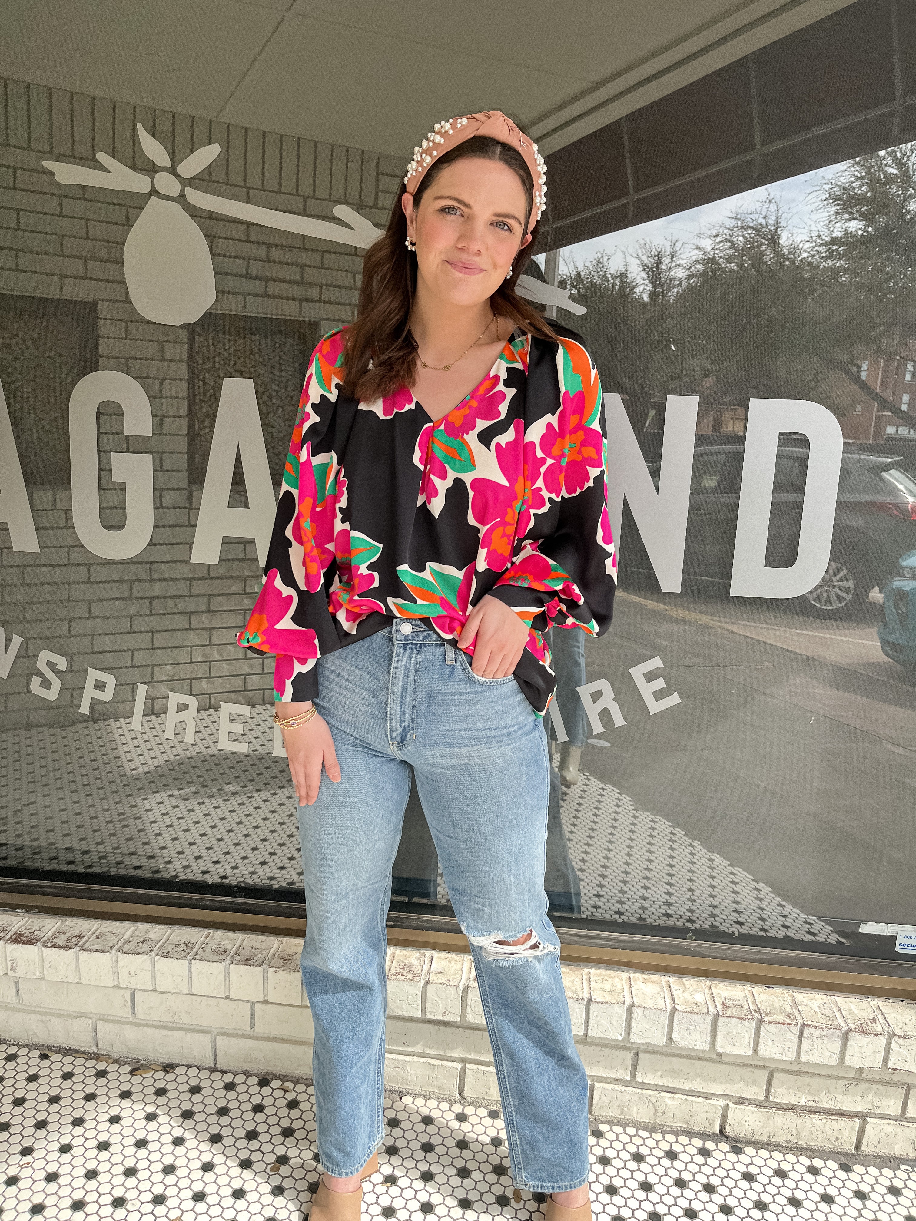 Satin Floral V-Neck Top - Black