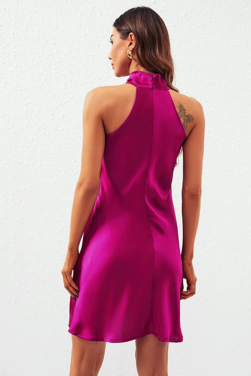 Satin Halter Neck Mini Dress In Fuchsia