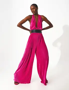 Satin Halter Neck Pleated Maxi Jumpsuit in Fuchsia