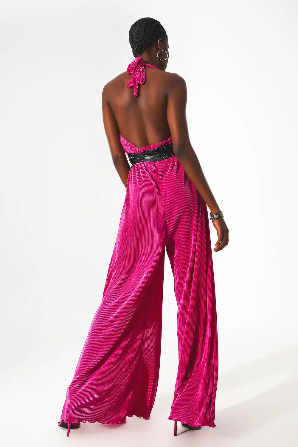 Satin Halter Neck Pleated Maxi Jumpsuit in Fuchsia