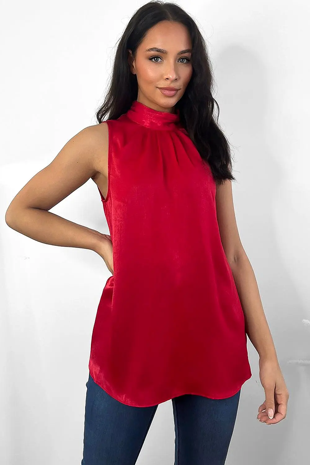 Satin High Neck Sleeveless Blouse