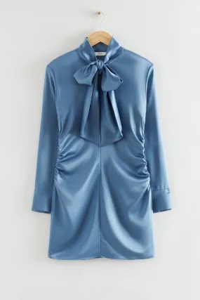 Satin Lavallière-Neck Mini Dress - Long sleeve - Short - Blue Satin - Ladies | H&M GB