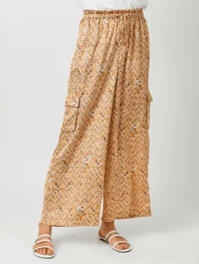 Satin Printed Wide Leg Cargo Pant in Gold MIx