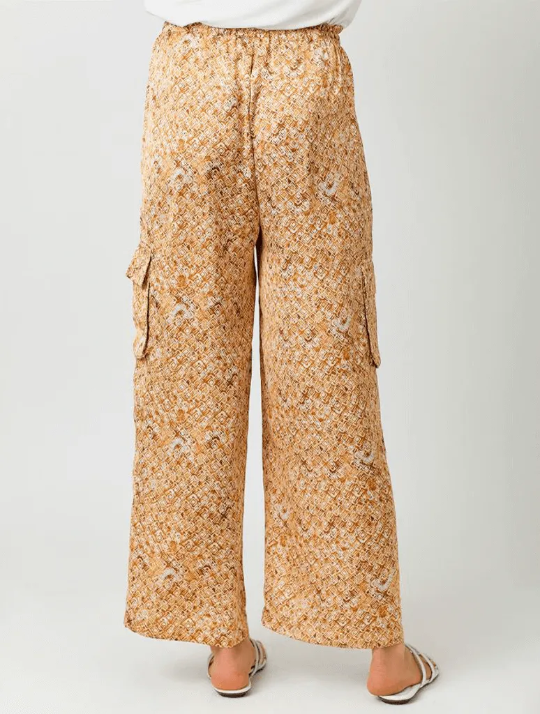 Satin Printed Wide Leg Cargo Pant in Gold MIx