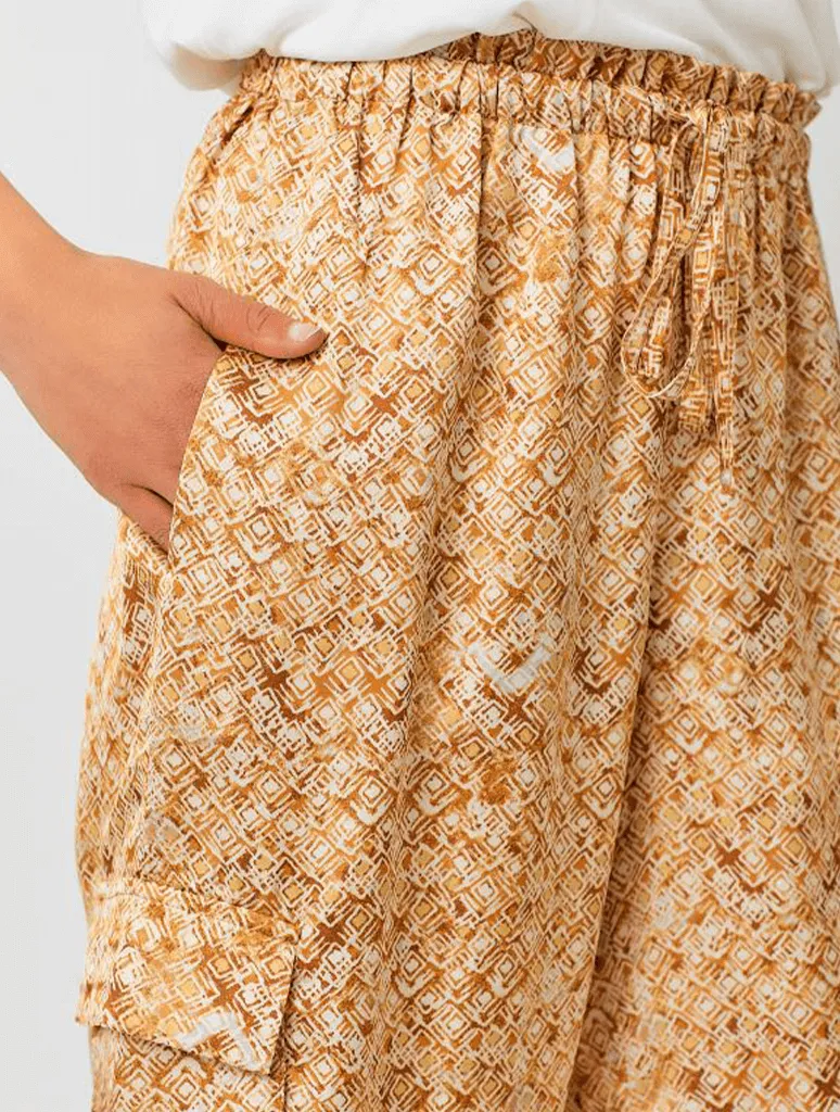 Satin Printed Wide Leg Cargo Pant in Gold MIx