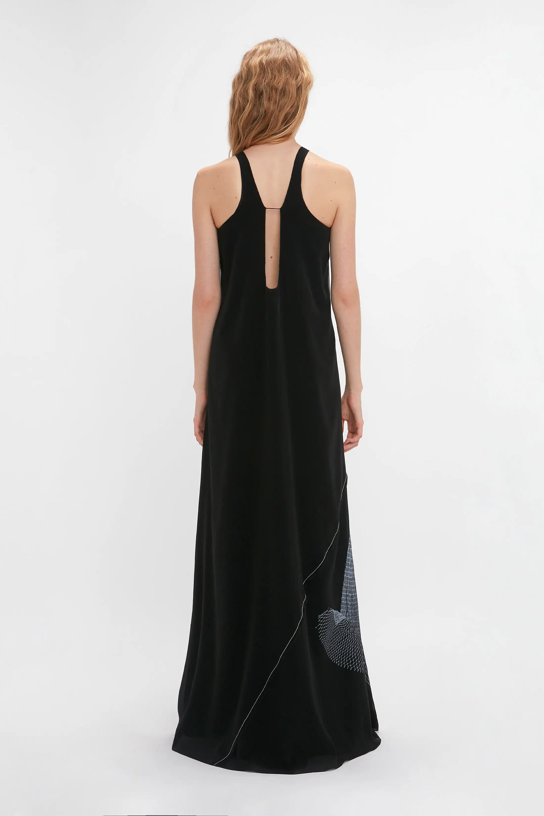 Sheer Cami Gown In Black-White Contorted Net